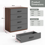 [Walnut] Product dimensions diagram for grey and walnut 4-drawer chest showing 80cm height, 70cm width, and 40cm depth sizes