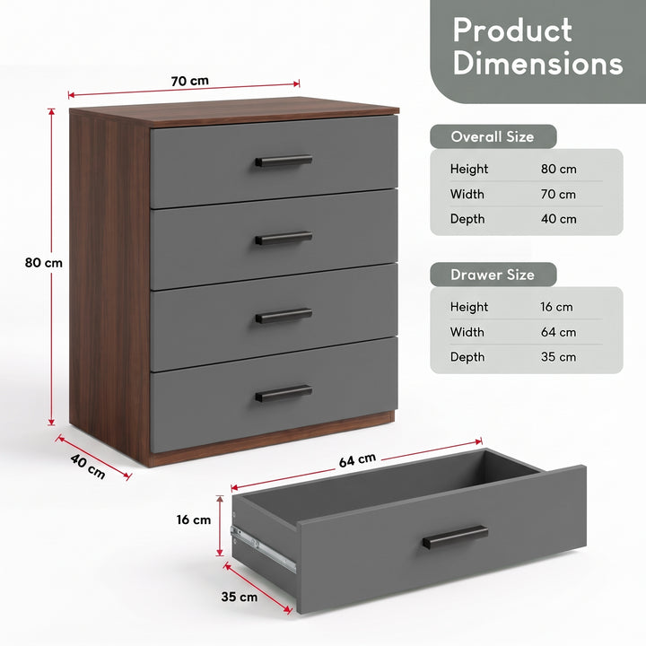[Walnut] Product dimensions diagram for grey and walnut 4-drawer chest showing 80cm height, 70cm width, and 40cm depth sizes