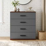 [Walnut] Front view of a modern grey and walnut 4-drawer dresser with black handles styled against a white brick backdrop