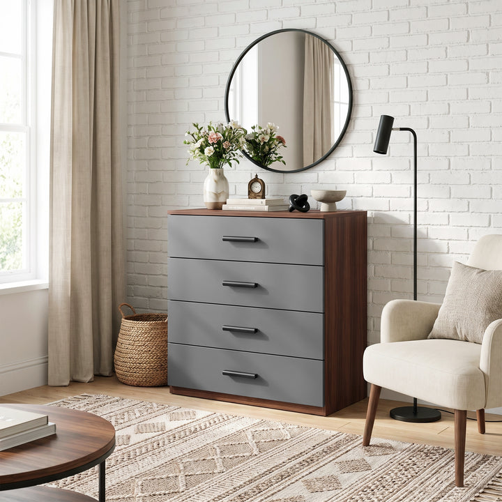[Walnut] Grey and walnut 4-drawer storage chest styled next to a modern cream armchair, round mirror, and floor lamp in a room