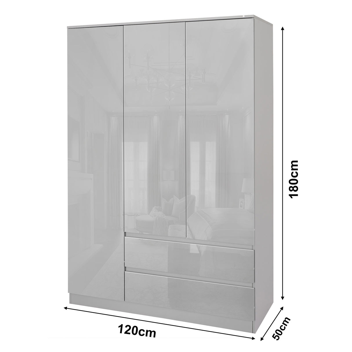 Grey 3-door wardrobe with 2 drawers, offering ample storage space for your bedroom essentials.