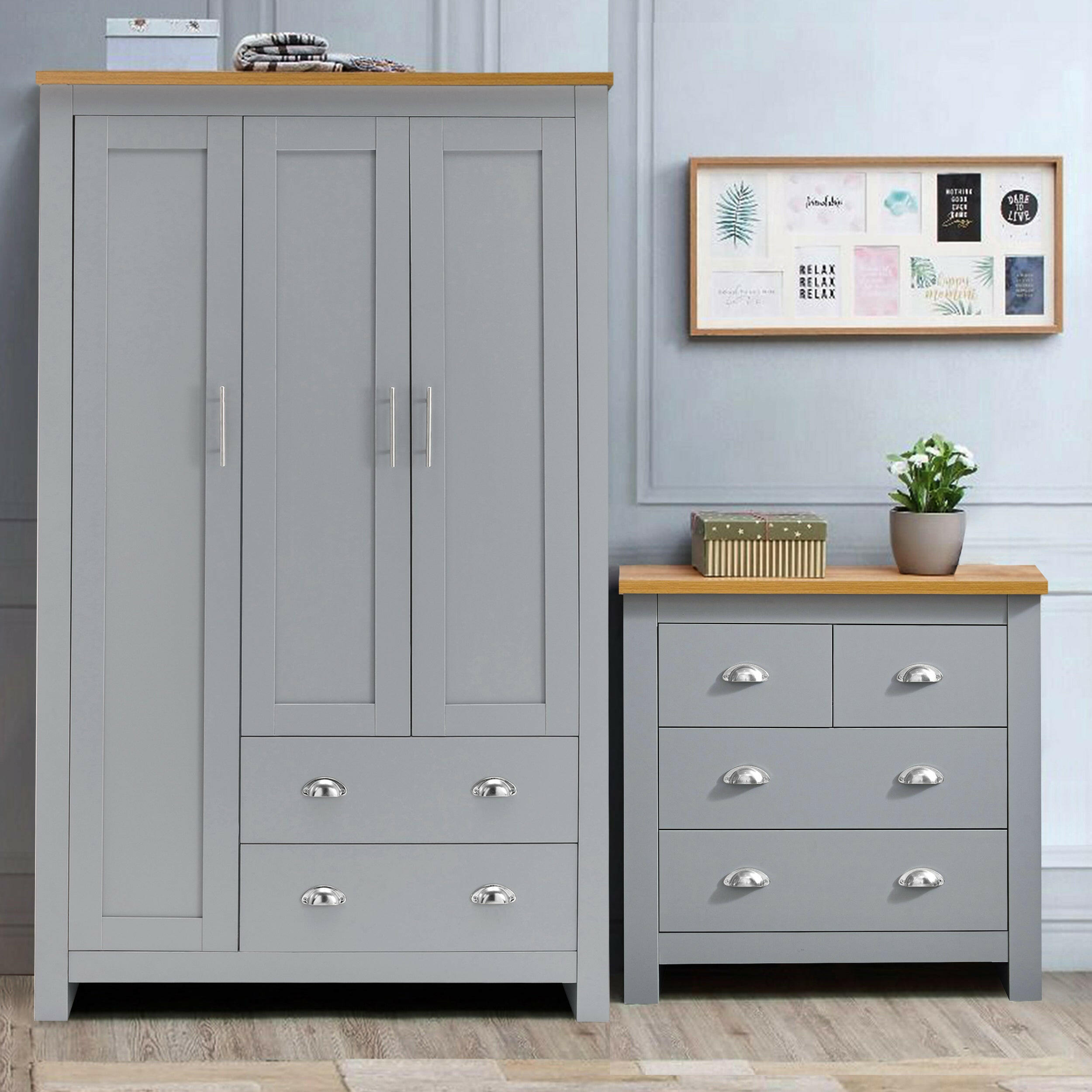 Grey wardrobe and chest of drawers set with oak top and silver handles