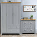 Grey wardrobe and chest of drawers set with oak top and silver handles