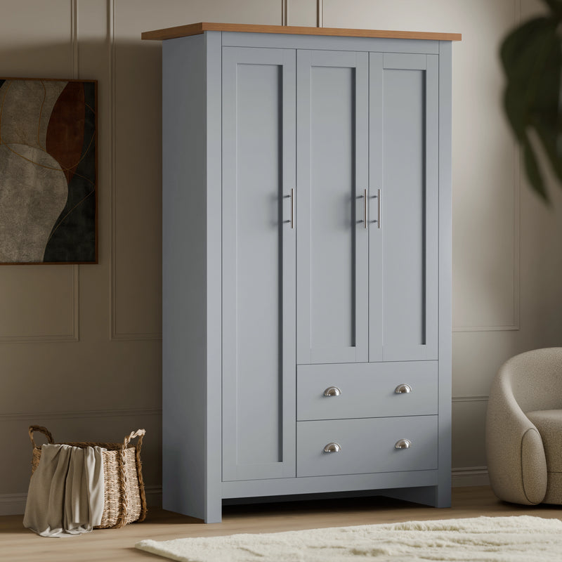 Grey 3 door wardrobe from the Shaker 4 Piece Bedroom Set with two lower drawers and oak-effect top, perfect for modern bedroom storage.
