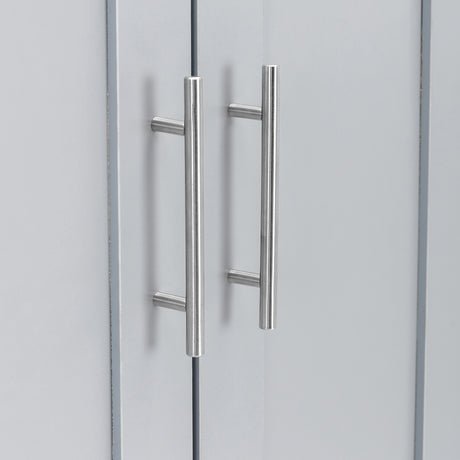 lose-up of stainless steel handles on a grey wardrobe door