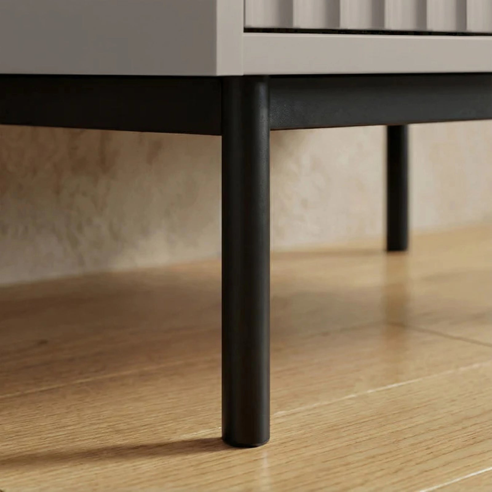 [Grey] wardrobe three door cabinet raised on black finish metal legs with sturdy lower frame construction