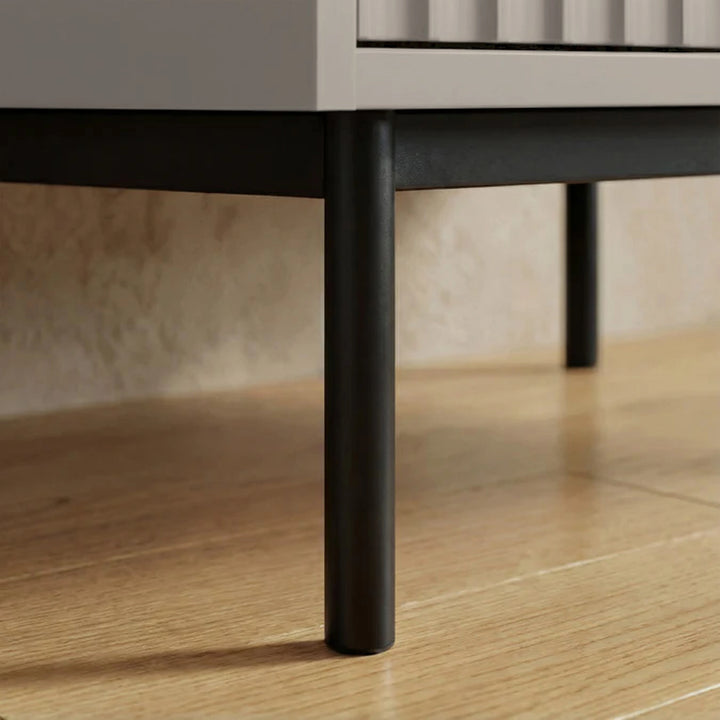 [Grey] wardrobe three door cabinet raised on black finish metal legs with sturdy lower frame construction