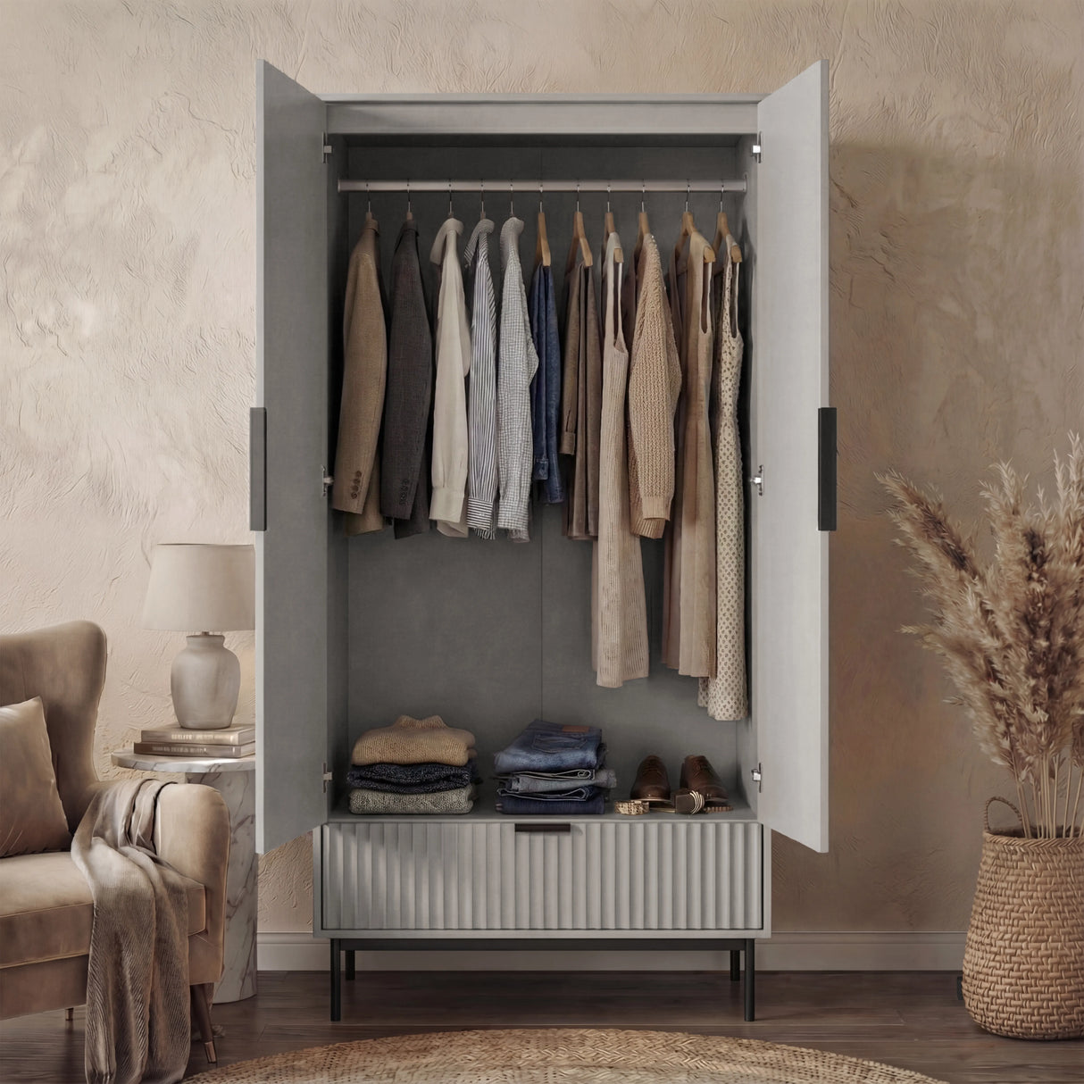 Grey flutrina wardrobe open interior view with hanging rail and lower drawer compartment for clothes storage
