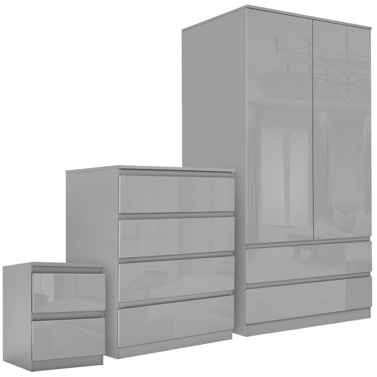 Grey wardrobe set with modern design and ample storage space. Ideal for contemporary bedrooms.