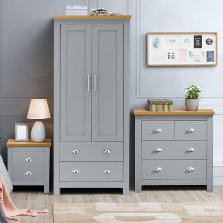 Grey wardrobe UK design, with dimensions 180cm x 52cm x 109cm, offering ample storage space.