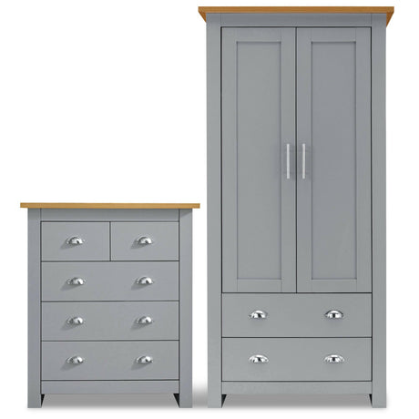 Grey wardrobe with 2 doors, spacious drawers, and a wooden top for modern bedroom storage