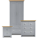 Grey wardrobe with drawers and wooden top, featuring silver handles.