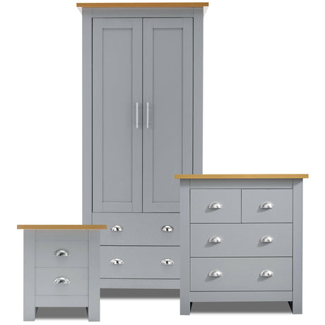 Grey wardrobe with drawers and wooden top, featuring silver handles.