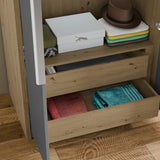 Wooden shelf with open drawer containing towels, closed white box, and a hat.