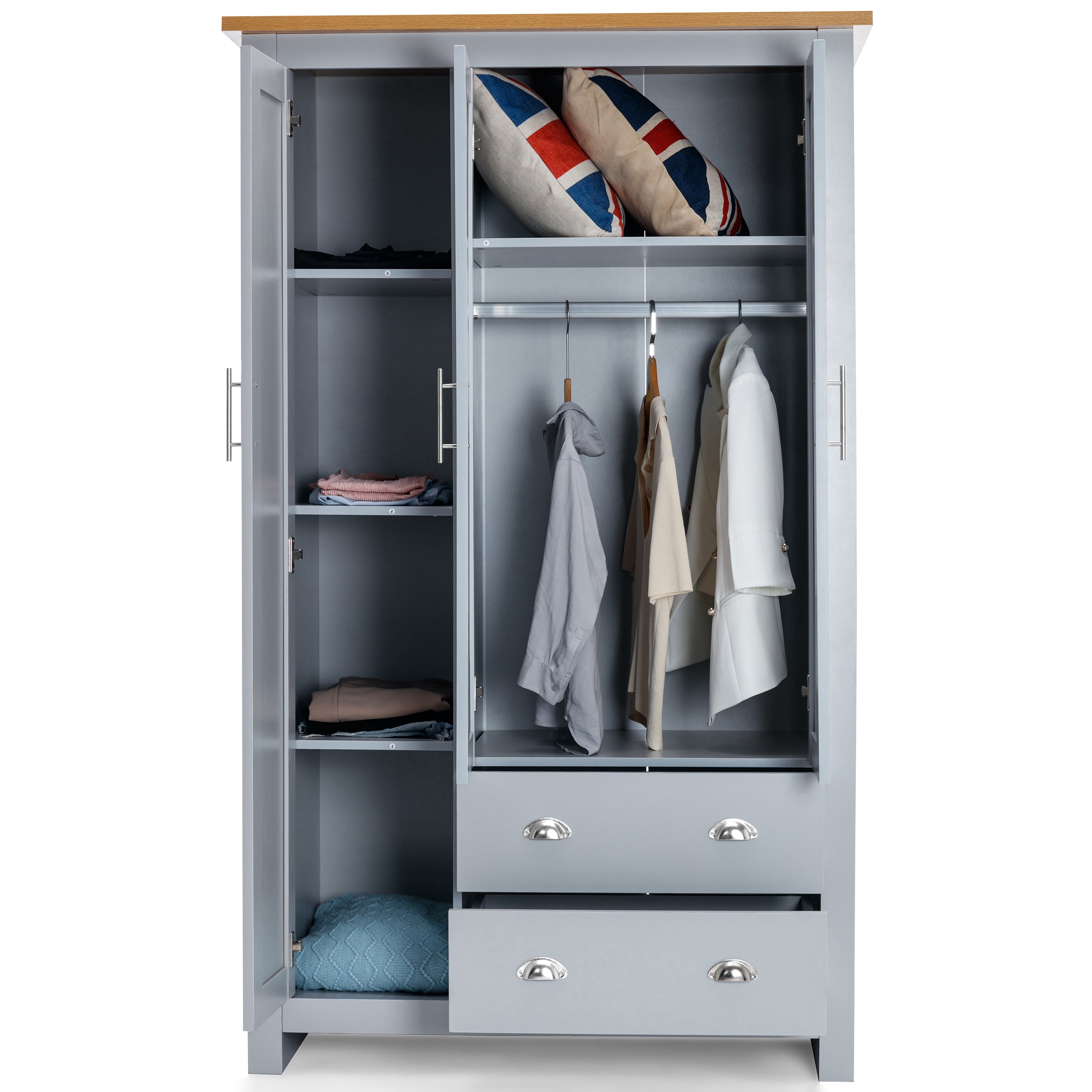 Grey wardrobe with shelves, hanging space, and two drawers, featuring a modern design.