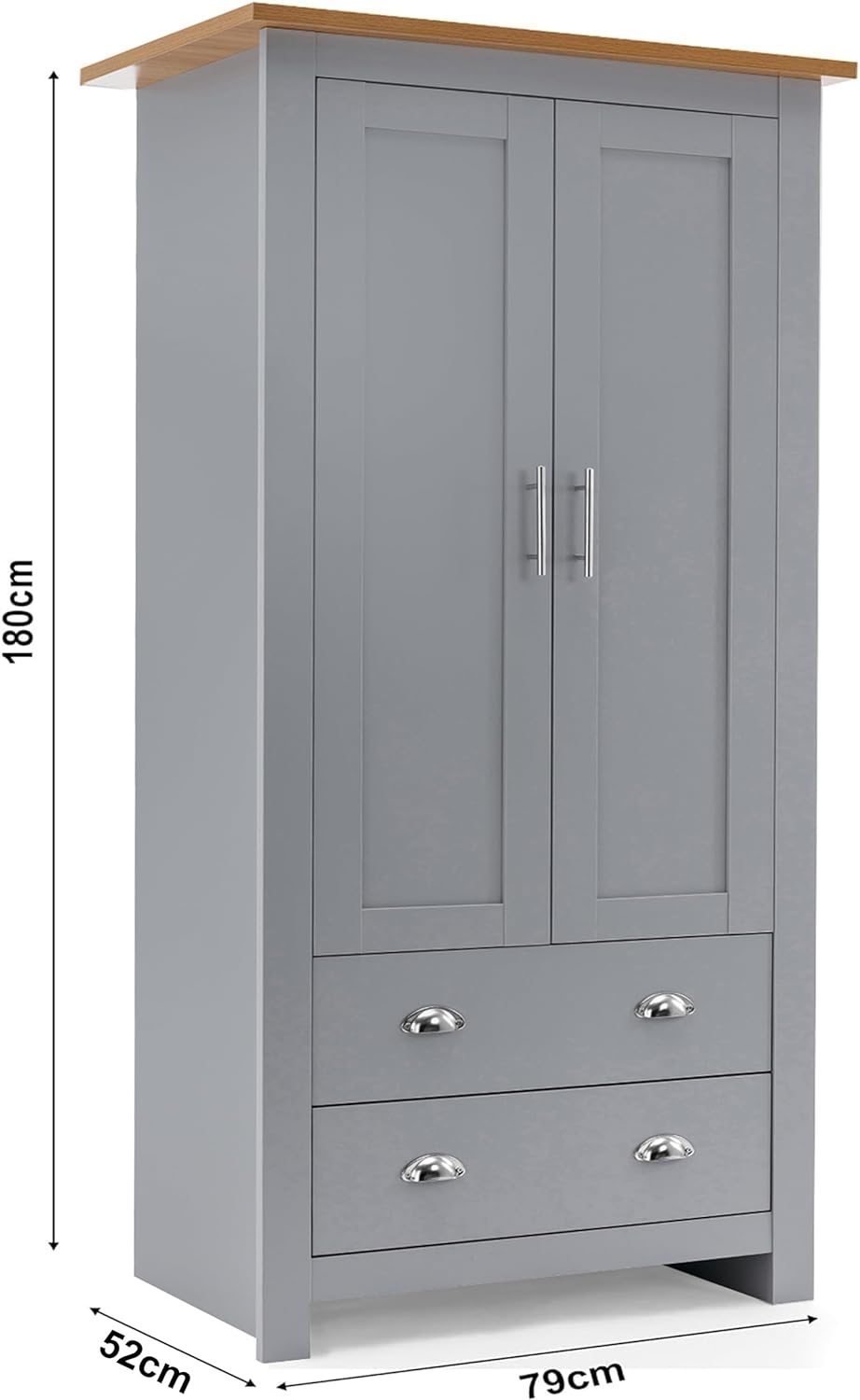 Grey wardrobe with two drawers and silver handles, featuring a wooden top, dimensions 180x79x52 cm.