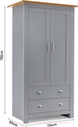 Grey wardrobe with two drawers and silver handles, featuring a wooden top, dimensions 180x79x52 cm.