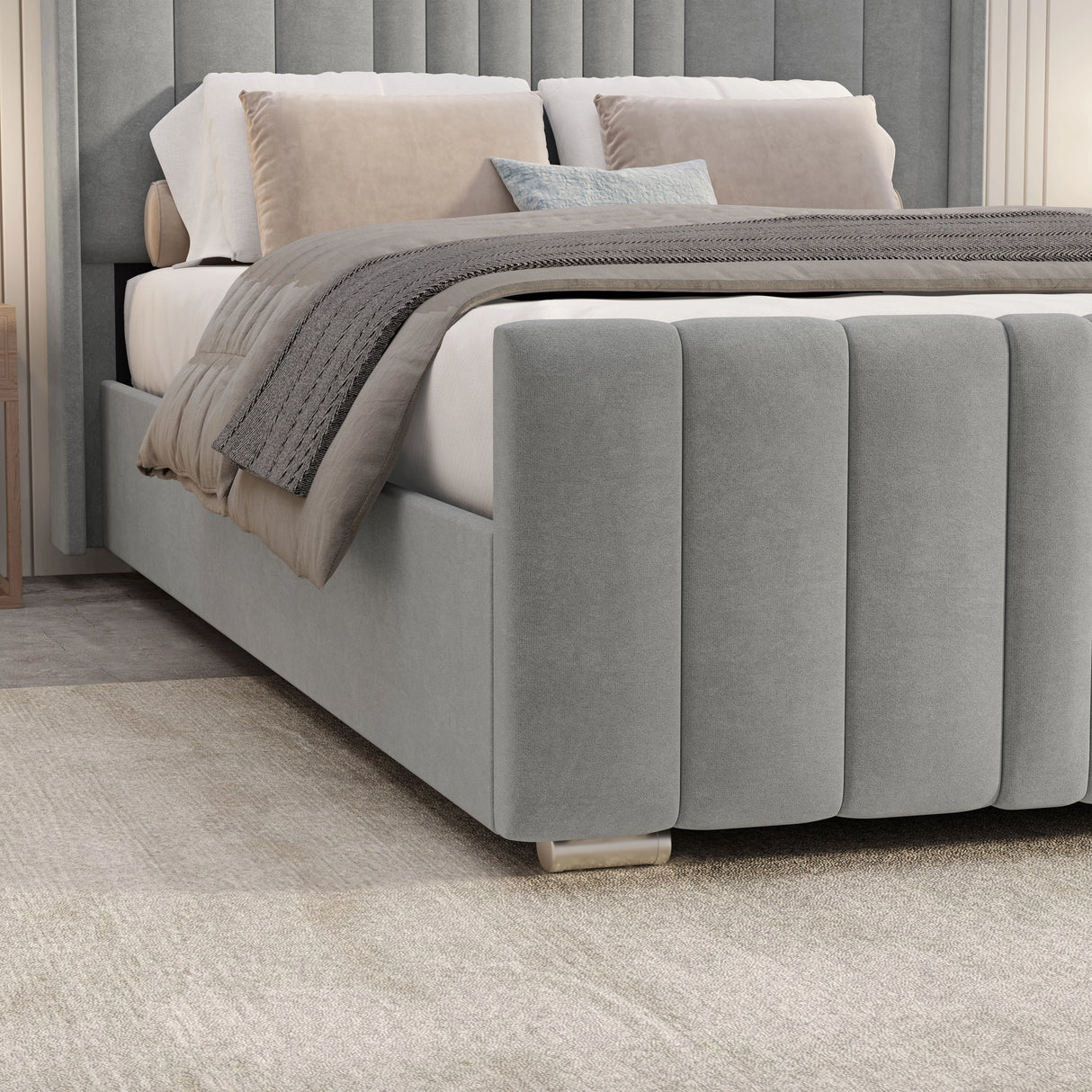 Winged Ottoman Bed Frame with Lines in light grey velvet finish featuring vertical panel design and hidden under-bed storage for modern bedrooms.