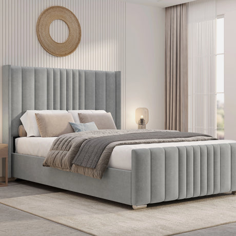 Winged Ottoman Bed Frame with Lines in light grey velvet featuring vertical panel design and hidden under-bed storage, ideal for modern bedrooms.