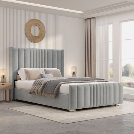 Winged Ottoman Bed Frame with Lines in light grey velvet featuring vertical panel detailing and spacious under-bed storage in a modern bedroom setting.
