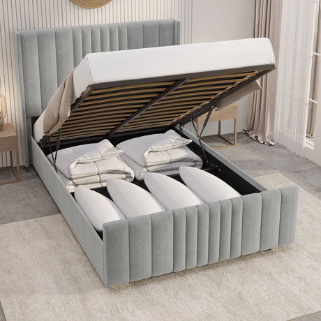 Winged Ottoman Bed Frame with Lines in light grey velvet, featuring vertical panel headboard and spacious under-bed storage with pillows and bedding inside.