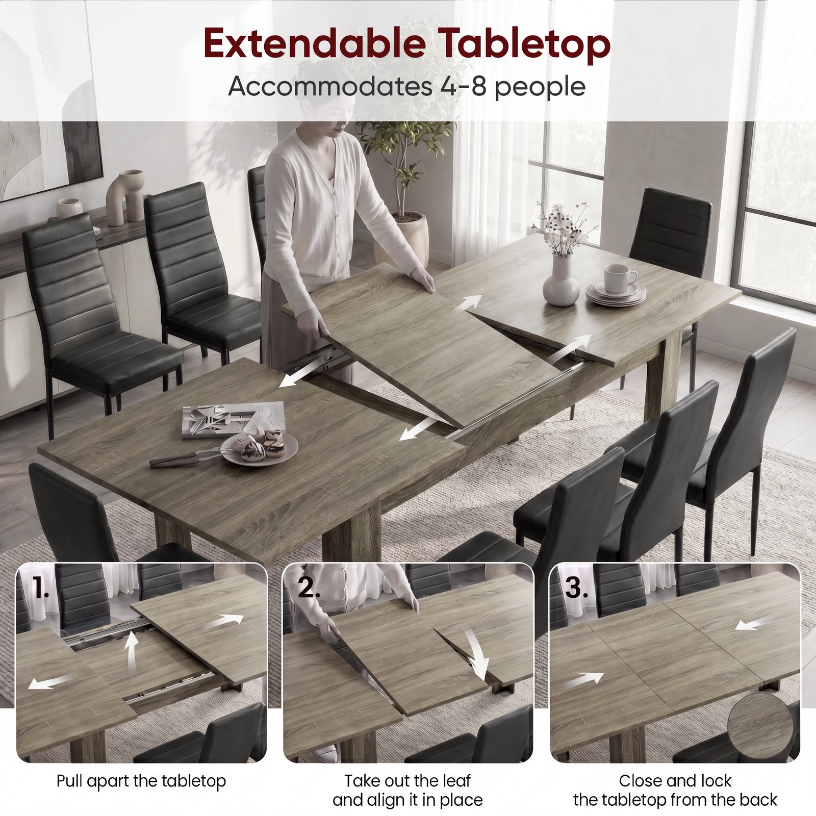 [Wooden Grey] 3 step guide showing Milo table extension 1 tabletop opening, 2 centre leaf placement, and 3 lock-close steps