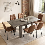 [Grey Wood] Extended flip-top dining table with six brown chairs, flower vase, two glasses and mug in a bright dining room