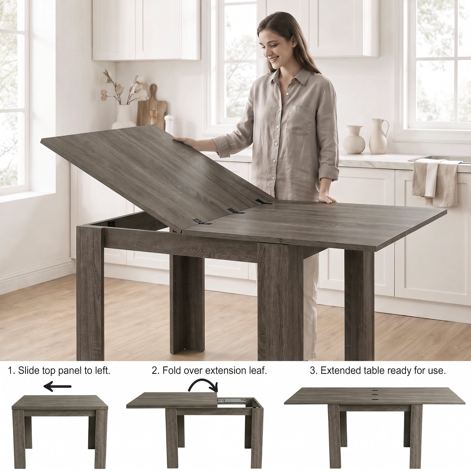[Grey Wood] Woman extending table: Step 1 slide top panel left, Step 2 fold 40cm extension leaf, Step 3 extended table ready