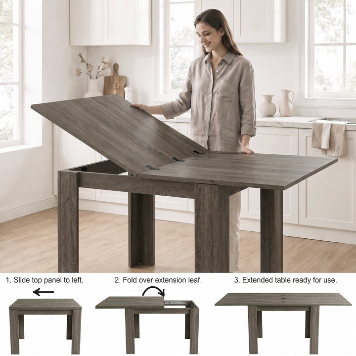 [Grey Wood] Woman extending table: Step 1 slide top panel left, Step 2 fold 40cm extension leaf, Step 3 extended table ready