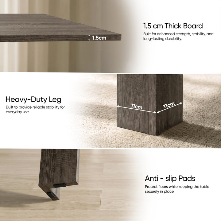 [Grey Wood] Flip-top extendable table details: 1.5cm board, 11 x 11cm heavy-duty leg and anti-slip footpads protecting floors