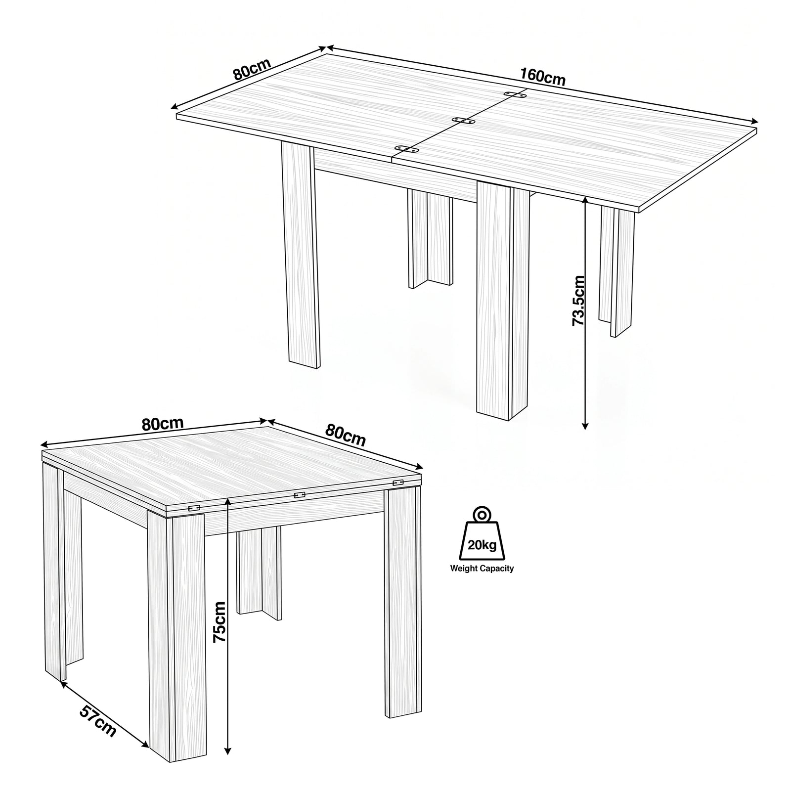 [Grey Wood] Flip-top table size guide: 80 x 80 x 75cm closed, 160 x 80 x 73.5cm extended, 57cm clearance, 20kg capacity