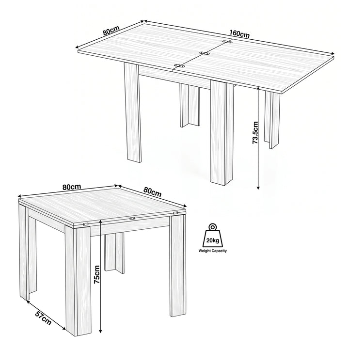 [Grey Wood] Flip-top table size guide: 80 x 80 x 75cm closed, 160 x 80 x 73.5cm extended, 57cm clearance, 20kg capacity