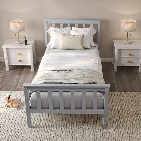 Grey wooden bed frame, single size, offering a sleek and durable design for your bedroom.