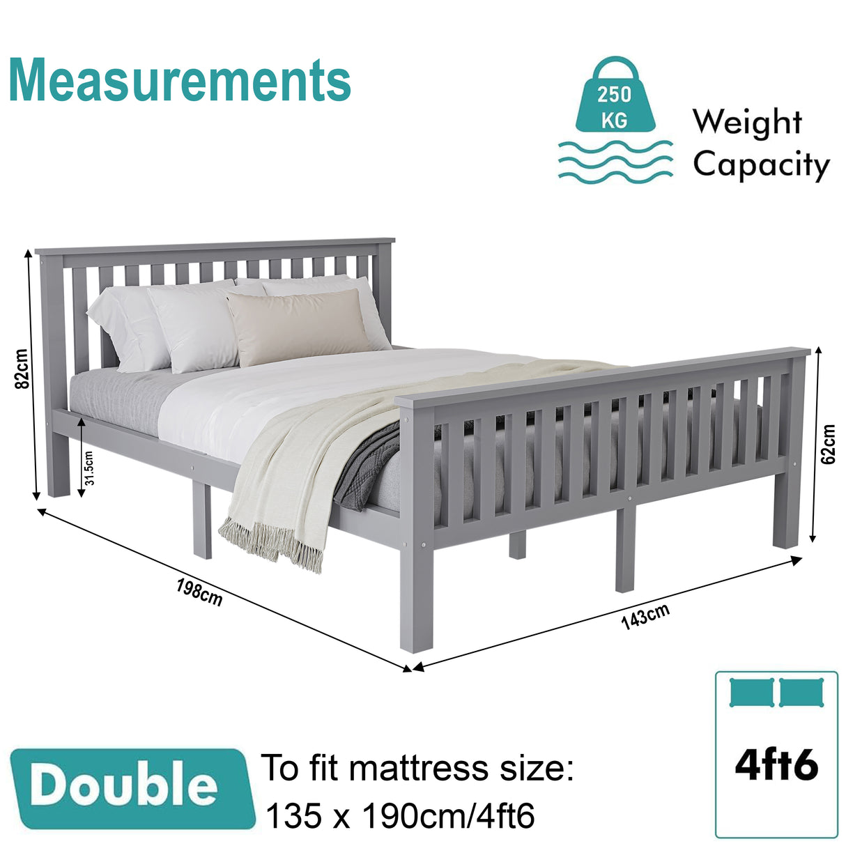 Grey wooden double bed frames with measurements for a perfect fit and stylish design.