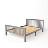 Grey double bed frame constructed with vertical slat rails at both ends and a flat wooden base supported by multiple legs
