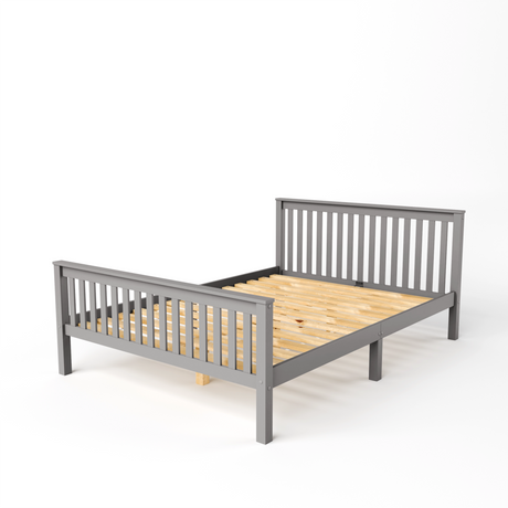 Grey double bed frame constructed with vertical slat rails at both ends and a flat wooden base supported by multiple legs