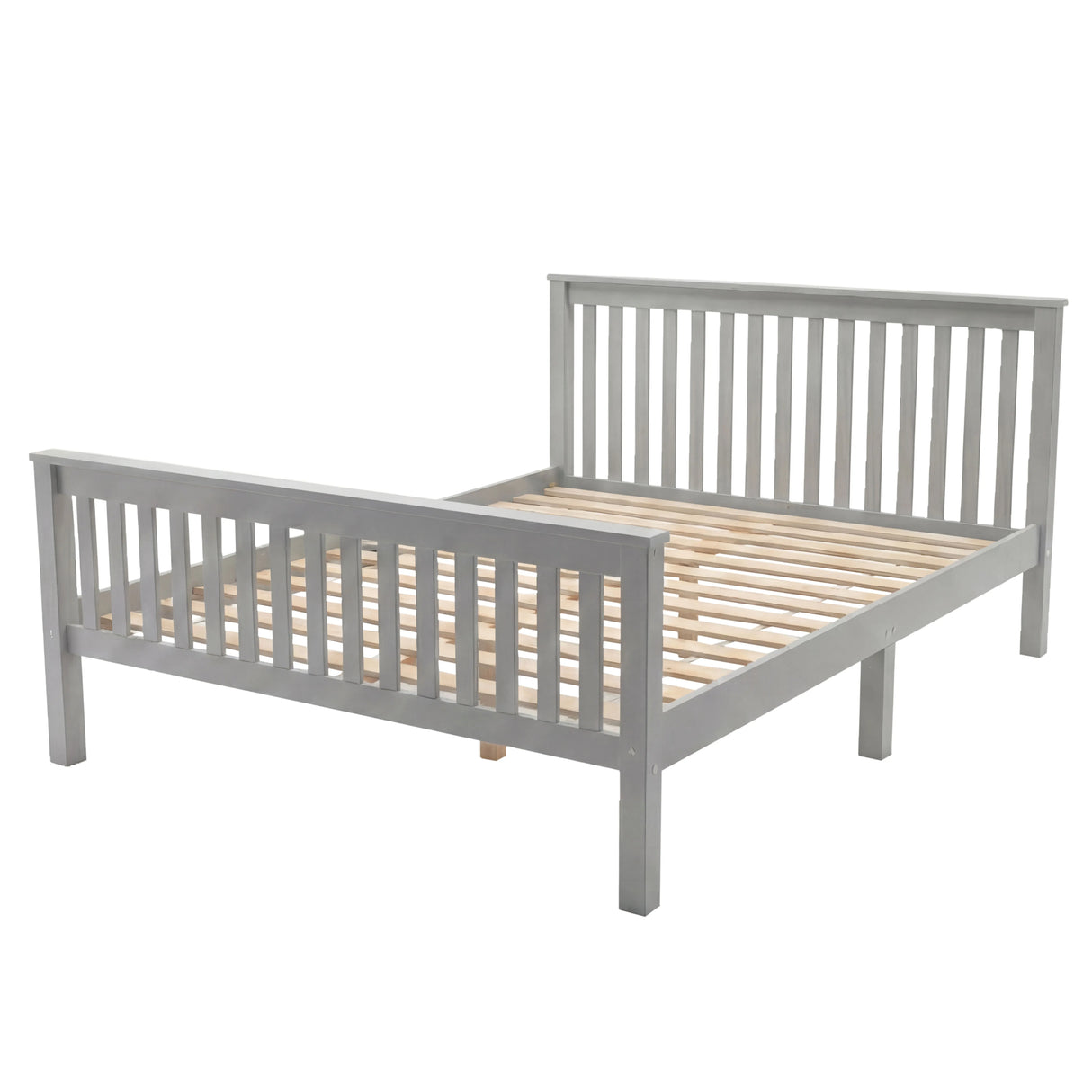 Grey double bed frame constructed with vertical slat rails at both ends and a flat wooden base supported by multiple legs