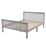 Grey double bed frame constructed with vertical slat rails at both ends and a flat wooden base supported by multiple legs