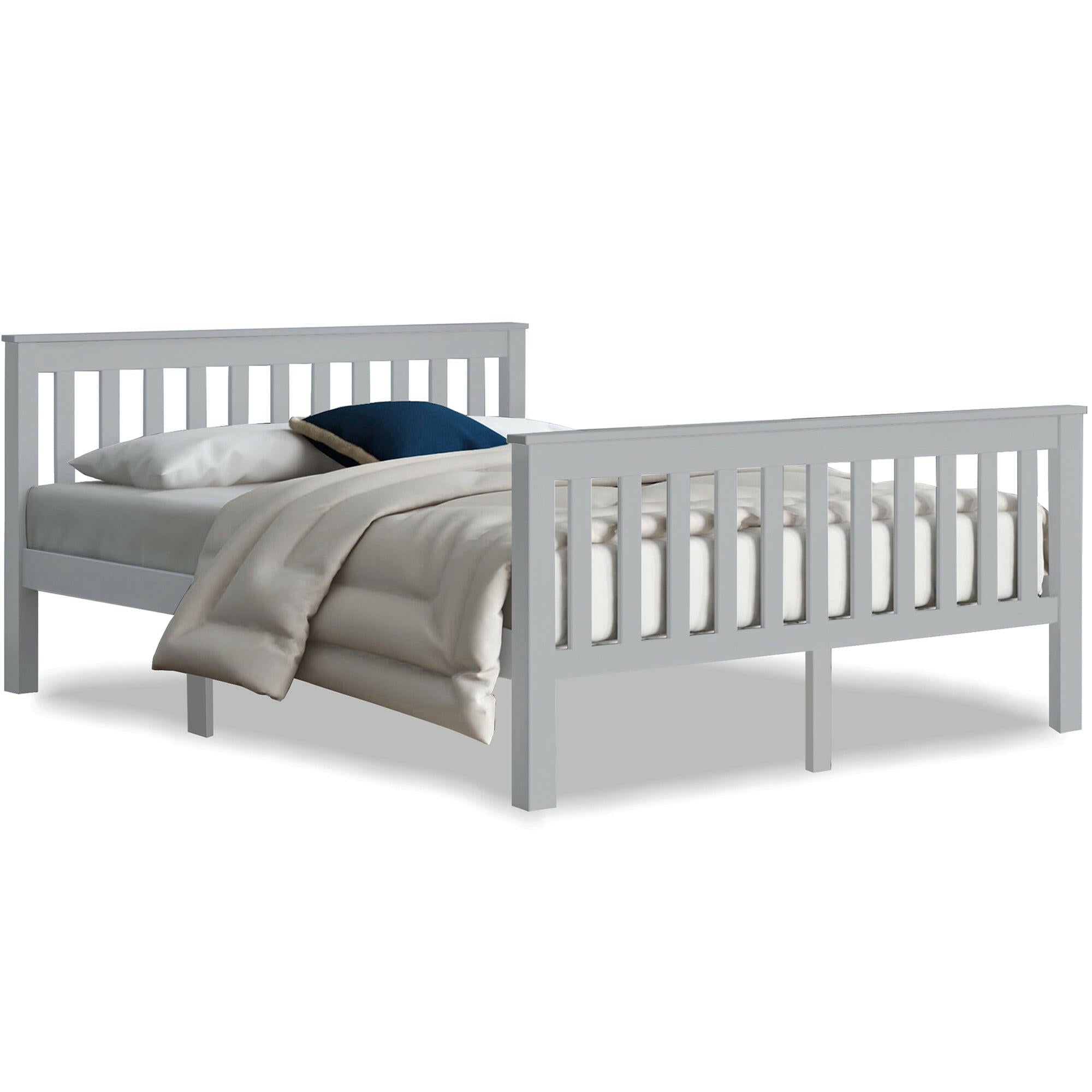 Elegant grey wooden double bed frame with a classic slatted design, paired with neutral bedding.