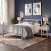 Grey double bed frame in solid wood, positioned centrally with bedding and matching bedside furniture in a bedroom layout