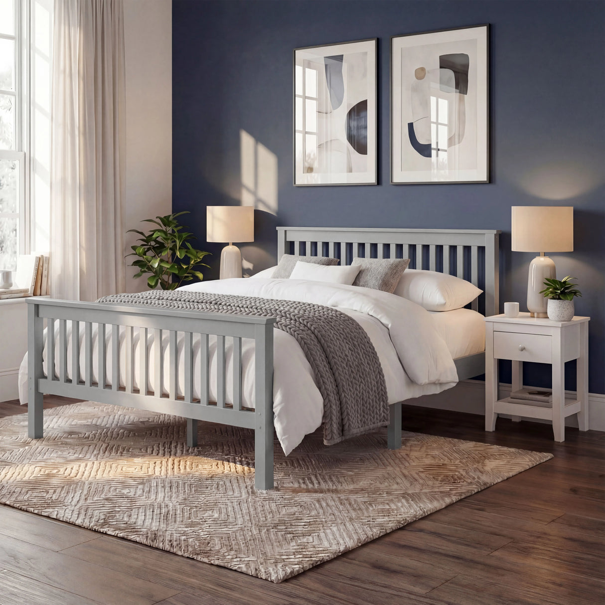 Grey double bed frame in solid wood, positioned centrally with bedding and matching bedside furniture in a bedroom layout