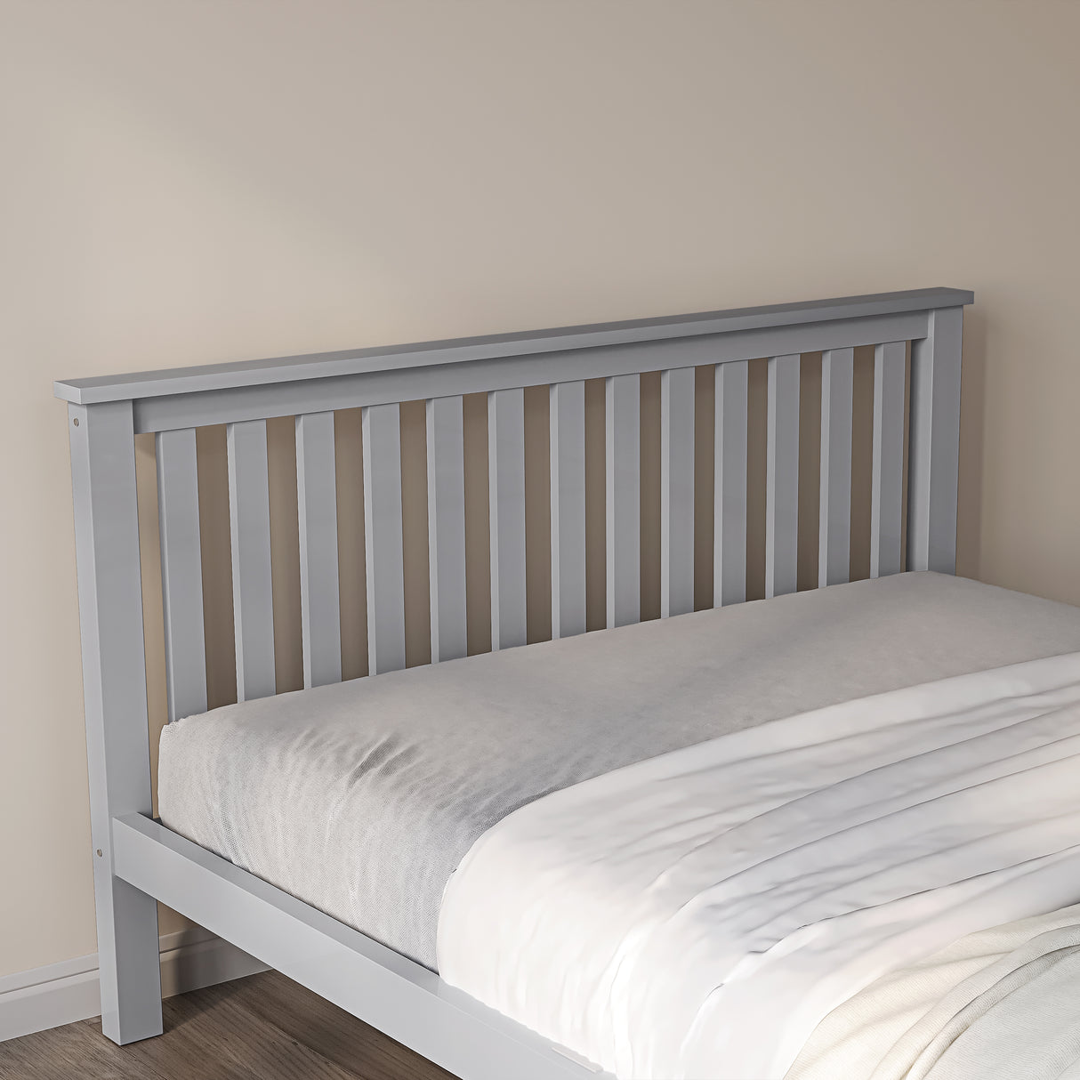 Grey wooden king-size bed in a sleek grey color, offering a stylish and spacious sleep setup.