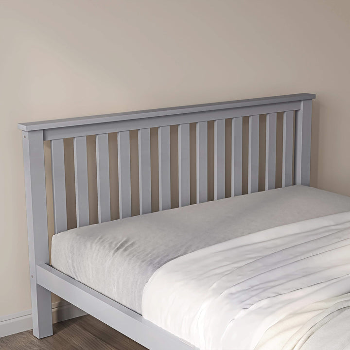 [Grey | King] Headboard detail grey king size wooden bed frame showing painted grain and slim top rail