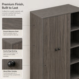 [Grey Wooden] wardrobe with callouts of smooth melamine finish, quality edge banding, and wood effect handles.