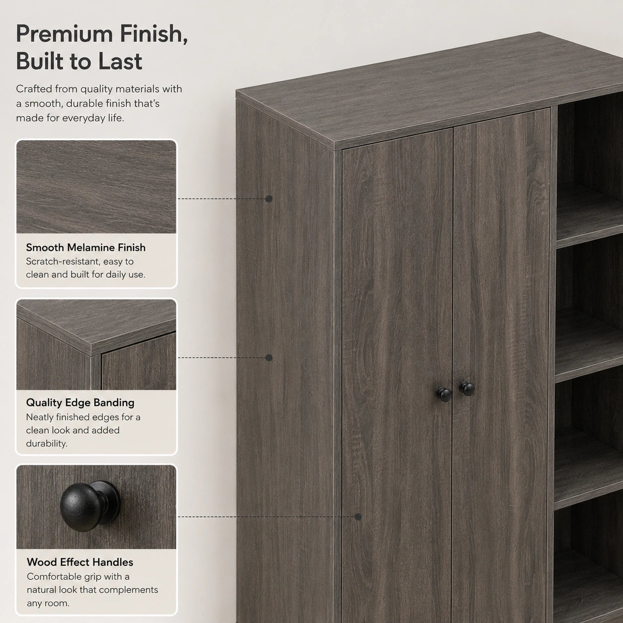 [Grey Wooden] wardrobe with callouts of smooth melamine finish, quality edge banding, and wood effect handles.