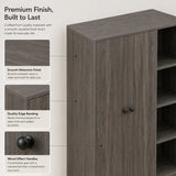 [Grey Wooden] wardrobe with callouts of smooth melamine finish, quality edge banding, and wood effect handles.
