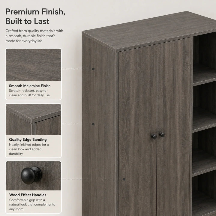 [Grey Wooden] wardrobe with callouts of smooth melamine finish, quality edge banding, and wood effect handles.