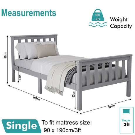 Grey wooden single bed with measurements for a perfect fit in your bedroom.