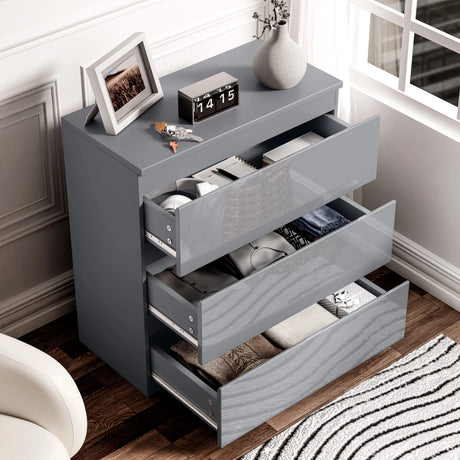 [Grey] high gloss 3 drawer chest from above with all drawers pulled out in white bedroom