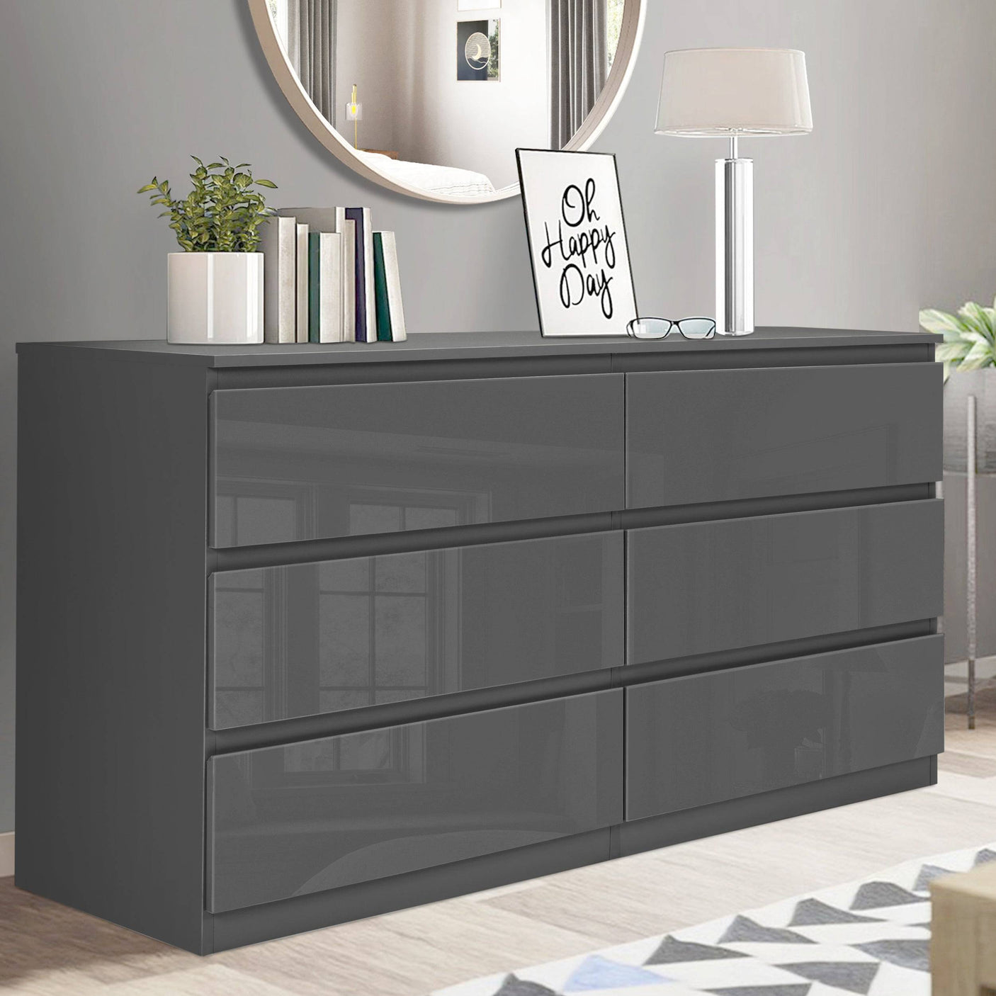 Blisswood Dark Grey Chest of Drawers - High Gloss Drawers 6-drawer wide unit styled in a bedroom, ideal for large storage needs.